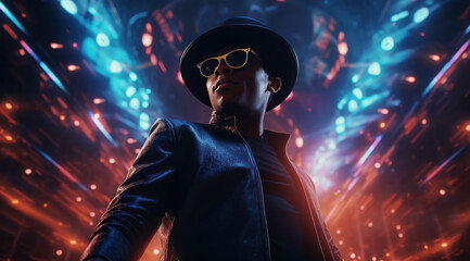 Fashion Concept. Closeup portrait of stunning side profile man in neon fluorescent light. illuminated dynamic composition and dramatic lighting. mysterious, advertisement, magazine, copy text space