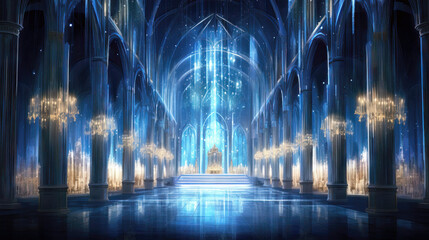 Gothic church interior with blue light