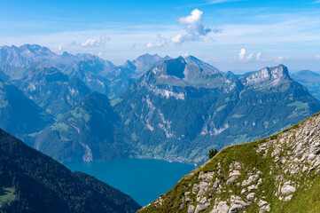 Gorgeous view from Fronalpstock overlooking Lake Lucerne on a sunny autumn day. Alpine landscape panorama