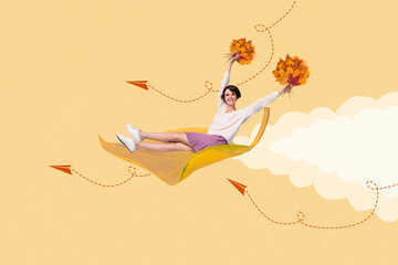 Composite art collage illustration of funny young woman flying airplane october carefree collect leaves isolated on beige background - obrazy, fototapety, plakaty