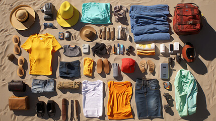 Knolling bird's-eye view of beach holiday essentials laid out on the sand