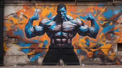 A large mural of a muscular man on a wall, AI