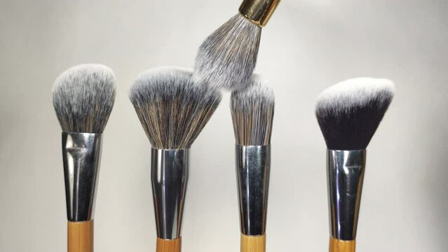 makeup brushes with wooden handles arranged in a row close-up