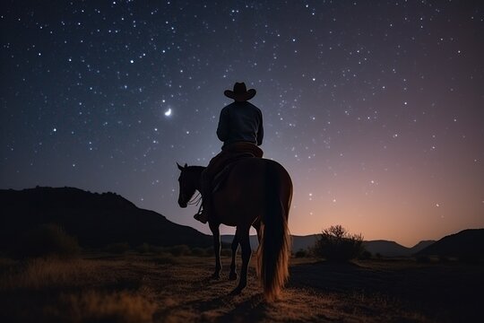 image cowboy riding his horse at night - Powered by Adobe