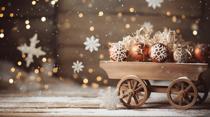 Snowflakes falling on vintage sleigh with Christmas backdrop - obrazy, fototapety, plakaty