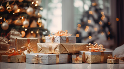Obraz na płótnie Canvas Softly Lit Christmas Tree with Neatly Stacked wrapped Presents