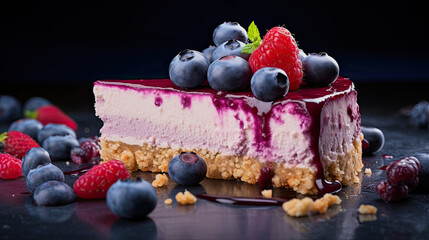 slice of blueberry cheesecake on dark background decorated with fruits