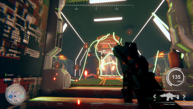 Shooter videogame with player reaching final mission, battling flying robots shooting laser bullets at him in dark industrial halls. Gamer in first person shooter game fighting final boss
