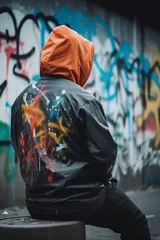 Papier Peint photo Graffiti image man from behind with a hood doing graffiti