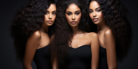three beautiful brunette women with gorgeous long wavy hair. hair care concept