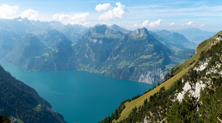 Gorgeous view from Fronalpstock overlooking Lake Lucerne on a sunny autumn day. Alpine landscape panorama