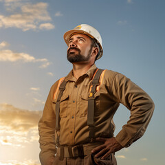 Fototapeta premium Confident Construction Worker Looking Skyward During Golden Hour