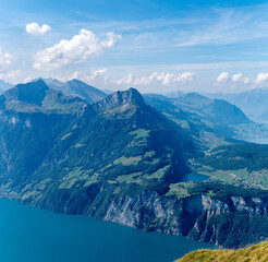 Gorgeous view from Fronalpstock overlooking Lake Lucerne on a sunny autumn day. Alpine landscape panorama