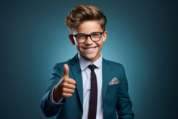 smiling schoolboy wearing school uniform show thumb up finger on blue background. Back to school
