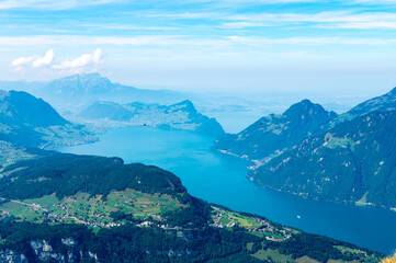 Gorgeous view from Fronalpstock overlooking Lake Lucerne on a sunny autumn day. Alpine landscape panorama