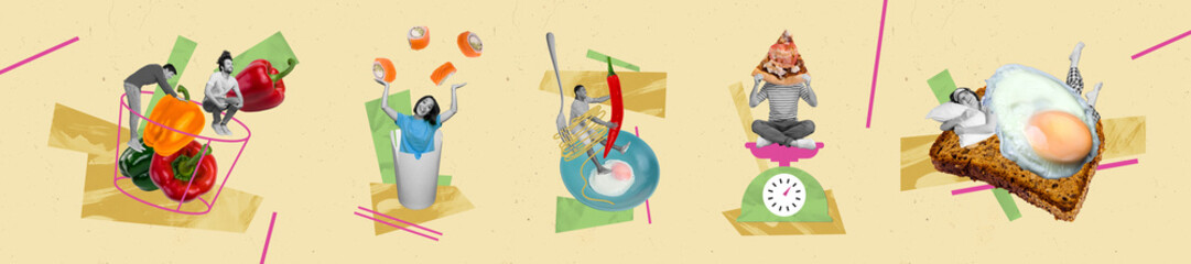 Collage collection illustration friends enjoy different food healthy vegetables sushi pizza...