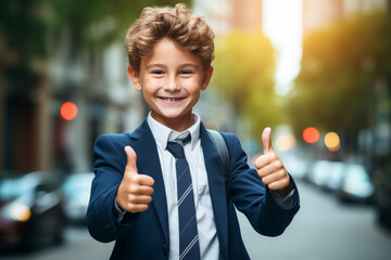 smiling schoolboy wearing school uniform show thumb up finger on outdoor. Back to school