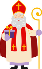 Sinterklaas or Sint-Nicolaas (Saint Nicholas) with gift box and staff in his hands. Christmas or winter holiday theme. Happy Saint Nicholas Day. Vector illustration isolated on white background.
