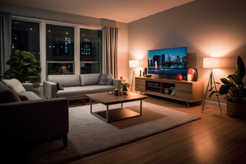 small modern living room with a warm color palette