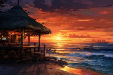 Picturesque Beach bar sunset outdoor. Generate Ai