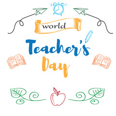 World Teacher's Day Text. School Stationary on Blackboard Top View Greeting card for teacher's day with chalk on a blackboard. Simple vector illustration.