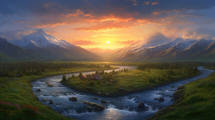 Fototapeta na wymiar Beautiful mountain landscape with a river at sunset