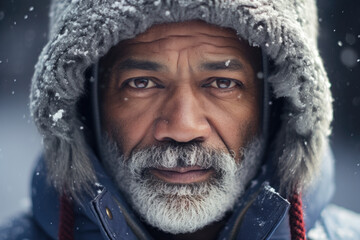 Fototapeta premium Close-up winter portrait of man looking at camera.