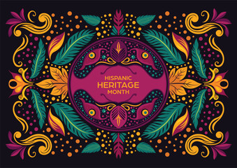 Festive banner and colorful postcard with a folk-inspired design celebrating Hispanic Heritage Month in natural style