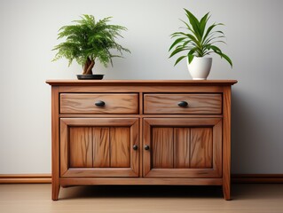 A solid wood sideboard sits against the wall