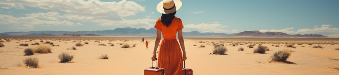 Wide view of a woman pulling her luggage and walking across an open field