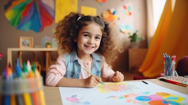 Excited little girl learns how to draw in an art class. Generative AI