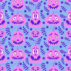 Cartoon retro vegetable harvest seamless Halloween pumpkins pattern for wrapping paper and fabrics and linens