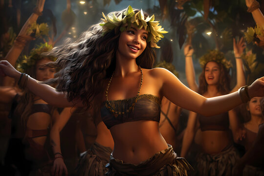 Hula (Hawaii) - Traditional Polynesian dance form with graceful movements, hand gestures, and storytelling through dance (Generative AI)