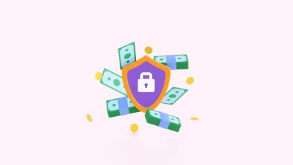 Money protection 3d animation. Dollar bills, banknotes, coins and shield. Financial saving insurance, safe business economy, secure online payment. Investment, bank deposit, Cyber security concept - Powered by Adobe