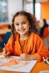 Excited little girl learns how to draw in an art class. Generative AI