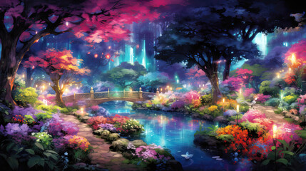 Illustration of beautiful fantasy garden with lanterns and flowers in the night