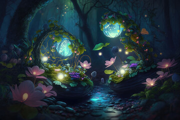 Obraz na płótnie Canvas Fairy-tale glowing plants in the forest, AI generated