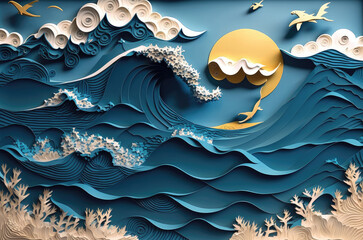 Paper art blue ocean, generated by AI