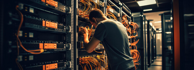 A person is working in a modern high-tech data computer room
