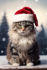 Adorable grumpy cat wearing Santa hat with snow falling as background