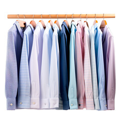 Male shirts hanging on coat rack over isolated transparent background