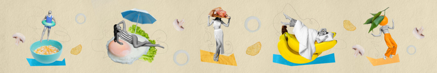 Photo panorama collage different food milk crisps fried egg sunbathing girl slice pizza pepperoni...