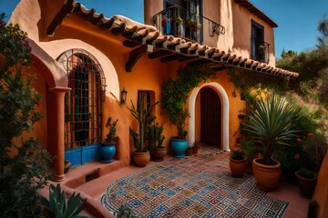 Spanish-style adobe house with arched doorways and colorful tiles - AI Generative - obrazy, fototapety, plakaty