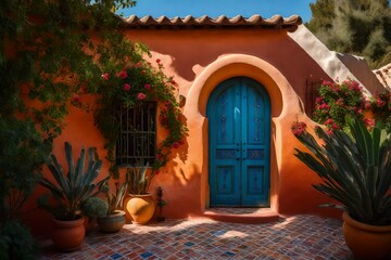 Fototapeta na wymiar Spanish-style adobe house with arched doorways and colorful tiles - AI Generative