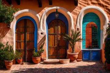 Fototapeta na wymiar Spanish-style adobe house with arched doorways and colorful tiles - AI Generative