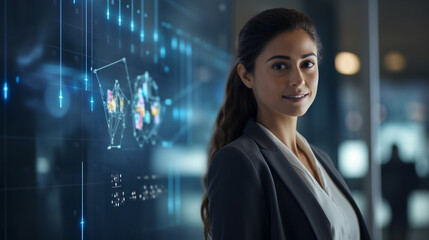 Naklejka premium Virtual Consultation with AI Chat Assistant: A Female Executive Navigating Business Decisions in Futuristic Tech Space