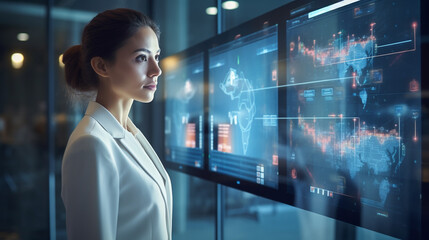 AI Assistant in Virtual Consultation Room: Young Female Executive Interacts with Digital Interface for Business Insights and Decision Support