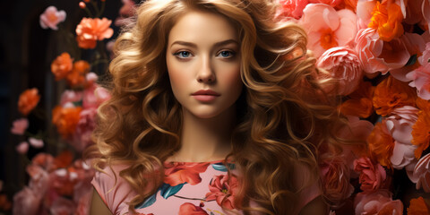 beautiful girl with voluminous long dense dark blonde hair and flying flowers. hairstyle, haircare