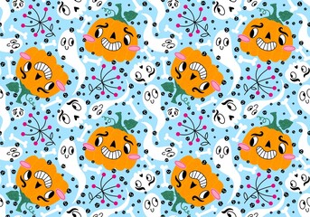 Halloween cartoon pumpkins seamless ghost and skulls pattern for wrapping paper and fabrics and kids clothes print