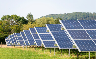 Solar Farm panels,producing green energy,in the Cotswolds area of Gloucestershire,England, United...